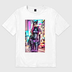 Футболка оверсайз мужская Cyberpunk - cat girl - neural network, цвет: белый