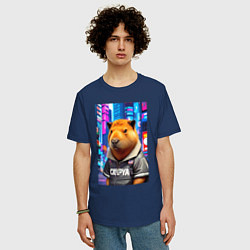 Футболка оверсайз мужская Cool capybara - urban style - neural network, цвет: тёмно-синий — фото 2