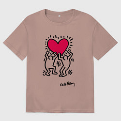 Футболка оверсайз мужская Человечки с сердцем - поп арт Кит Харинг, цвет: пыльно-розовый