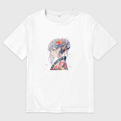 Футболка оверсайз мужская Аниме девушка с цветами в волосах, цвет: белый