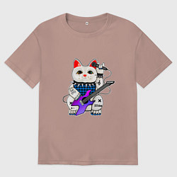 Футболка оверсайз мужская Рок кот нэко с микрофоном и гитарой, цвет: пыльно-розовый