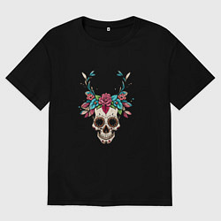 Футболка оверсайз мужская Мексиканский рогатый череп, цвет: черный