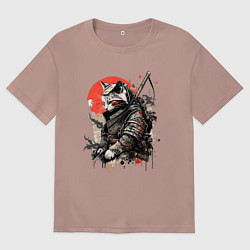 Футболка оверсайз мужская Японский самурай - кот, цвет: пыльно-розовый