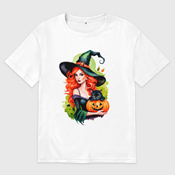 Футболка оверсайз мужская Рыжая ведьма с тыквой и черным котом, цвет: белый