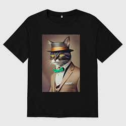 Футболка оверсайз мужская Портрет кота джентльмена в шляпе, цвет: черный