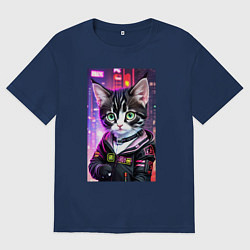 Футболка оверсайз мужская Глазастый городской котёнок, цвет: тёмно-синий