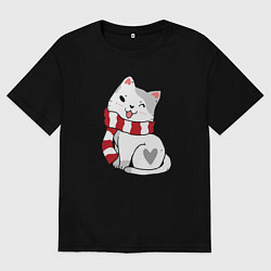 Футболка оверсайз мужская Белый новогодний котик, цвет: черный