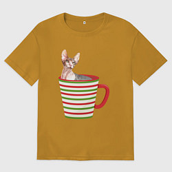 Футболка оверсайз мужская Сфинкс в новогодней полосатой кружке, цвет: горчичный