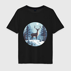 Мужская футболка оверсайз Зимняя сказка олень в лесу