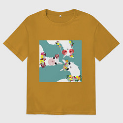 Футболка оверсайз мужская Три ламы с цветами, цвет: горчичный
