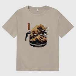 Футболка оверсайз мужская Большая волна в Канагаве в чайнике с кофе, цвет: миндальный