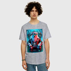 Футболка оверсайз мужская Медведь на кибер троне - нейросеть, цвет: меланж — фото 2