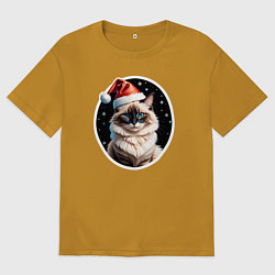 Футболка оверсайз мужская Кот породы Рэгдолл в новогодней шапке, цвет: горчичный