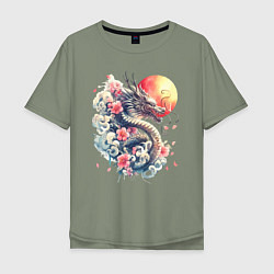 Футболка оверсайз мужская Японский дракон на фоне солнца и цветки сакуры, цвет: авокадо
