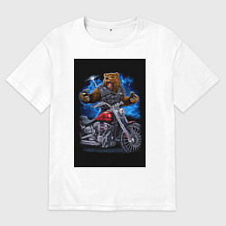 Футболка оверсайз мужская Медведь байкер с мотоциклом, цвет: белый