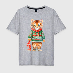 Футболка оверсайз мужская Тигр в новогоднем свитере, цвет: меланж