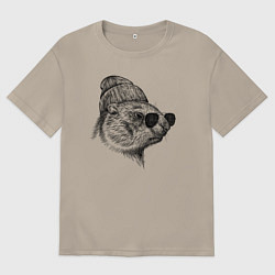 Футболка оверсайз мужская Суслик в очках и шапке, цвет: миндальный