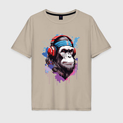 Футболка оверсайз мужская Шимпанзе в наушниках, цвет: миндальный