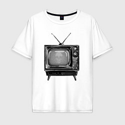 Футболка оверсайз мужская Старый телевизор черно-белый шум и череп, цвет: белый