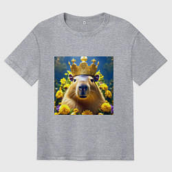 Футболка оверсайз мужская Мем капибара царь на троне и желтые цветы, цвет: меланж