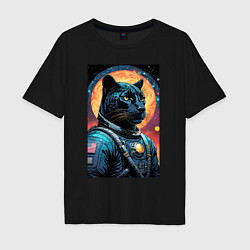 Футболка оверсайз мужская Пантера бравый космонавт - нейросеть, цвет: черный
