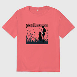 Футболка оверсайз мужская Девушка и кот или музыка для души, цвет: коралловый