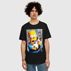 Футболка оверсайз мужская Bart Simpson with a kitten - ai art, цвет: черный — фото 2