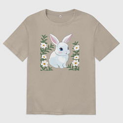 Футболка оверсайз мужская Милый зайчонок на фоне цветов, цвет: миндальный