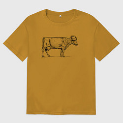 Футболка оверсайз мужская Новогодняя корова сбоку, цвет: горчичный