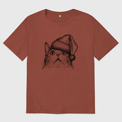Футболка оверсайз мужская Кот-мем в шоке от Нового года, цвет: кирпичный