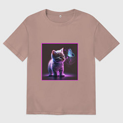 Футболка оверсайз мужская Кот удивленно смотрит на бабочку, цвет: пыльно-розовый