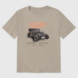 Футболка оверсайз мужская Хот род и надпись живи быстро, цвет: миндальный