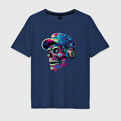 Футболка оверсайз мужская Кибер череп чувак в наушниках - нейросеть, цвет: тёмно-синий