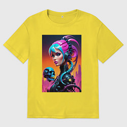 Футболка оверсайз мужская Девушка в стиле киберпанк с черепом - нейросеть, цвет: желтый
