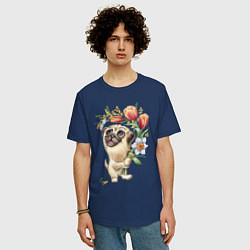 Футболка оверсайз мужская Мопс с букетом, цвет: тёмно-синий — фото 2