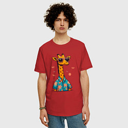 Футболка оверсайз мужская Модный жираф в солнечных очках и гавайской рубашке, цвет: красный — фото 2