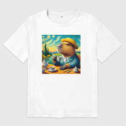 Футболка оверсайз мужская Забавная капибара в шляпе и костюме пьет чай в сти, цвет: белый