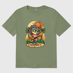 Футболка оверсайз мужская Ежик гитарист и летний вайб, цвет: авокадо