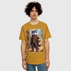 Футболка оверсайз мужская Прикольный волчонок - стимпанк, цвет: горчичный — фото 2