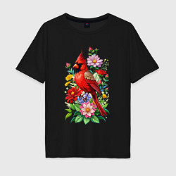 Футболка оверсайз мужская Птица красный кардинал среди цветов, цвет: черный