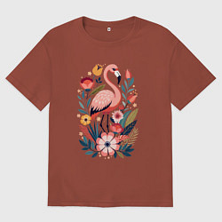 Футболка оверсайз мужская Фламинго среди розовых цветов, цвет: кирпичный