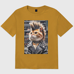 Футболка оверсайз мужская Прикольный котик панк - нейросеть, цвет: горчичный