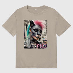 Футболка оверсайз мужская Девушка кошка - панк не умер, цвет: миндальный