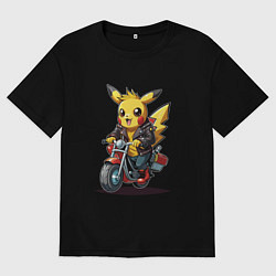Футболка оверсайз мужская Пикачу на ретро мотоцикле, цвет: черный