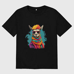 Футболка оверсайз мужская Лама в разноцветном шарфе, цвет: черный