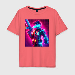 Футболка оверсайз мужская Minecraft and cyberpunk collaboration - neon glow, цвет: коралловый