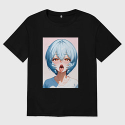 Футболка оверсайз мужская Аянами Рей ахегао, цвет: черный