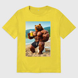 Футболка оверсайз мужская Медведь бодибилдер с кружкой пива на пляже - нейро, цвет: желтый