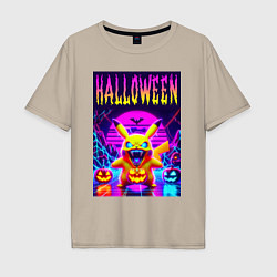 Футболка оверсайз мужская Pikachu - halloween vaporwave, цвет: миндальный