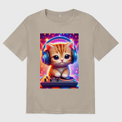Футболка оверсайз мужская Cutie kitten DJ - neon glow, цвет: миндальный